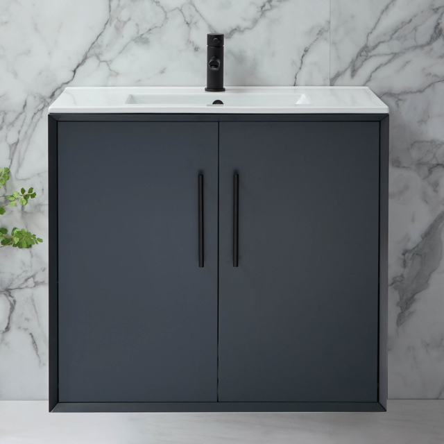 Milano Edge - Anthracite 810mm Wall Hung Modern Vanity Unit with Basin and Black T-Bar Handles
