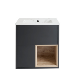 Black Grey 612mm Wall Hung Open Shelf Vanity Unit with Marble Effect Basin - thumbnail 4
