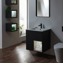 Black Grey 612mm Wall Hung Open Shelf Vanity Unit with Marble Effect Basin - thumbnail 2