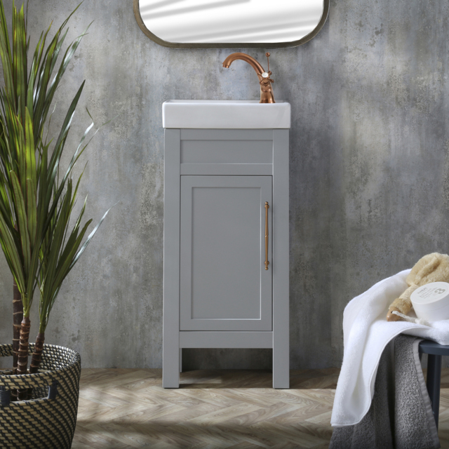 Milano Aston - Light Grey 400mm Traditional Cloakroom Vanity Unit with Basin and Brushed Copper Classic T-Bar Handle