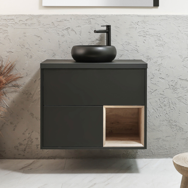 Milano Bexley - 800mm Wall Hung Black Grey Open Shelf Vanity Unit with Round Graphite Countertop Basin