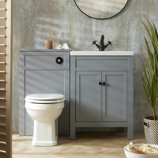 Milano Aston - Light Grey 600mm Traditional Vanity Unit with Basin and Classic Round Black Handles and WC Unit with Richmond Back to Wall Toilet