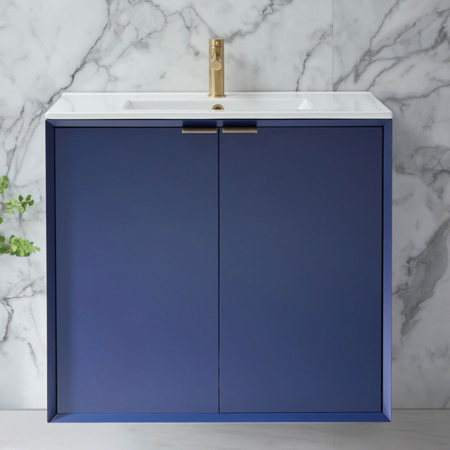 Milano Edge - Navy Blue 810mm Wall Hung Modern Vanity Unit with Basin and Brushed Brass Finger Pull Handles