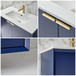 800mm Wall Mounted Vanity Unit – Navy, Modern Style with Brushed Brass Handle - thumbnail 5
