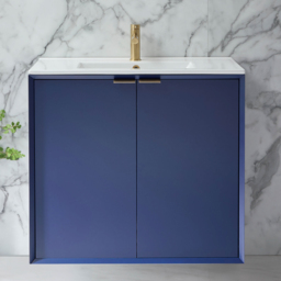 800mm Wall Mounted Vanity Unit – Navy, Modern Style with Brushed Brass Handle - thumbnail 1