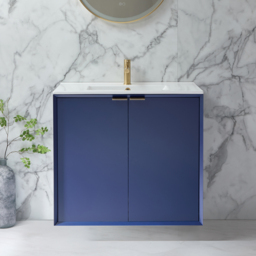 800mm Wall Mounted Vanity Unit – Navy, Modern Style with Brushed Brass Handle - thumbnail 2