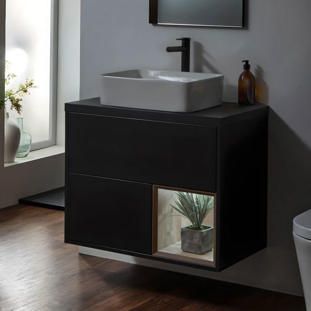 Milano Bexley - Black Grey 800mm Wall Hung Open Shelf Vanity Unit with Rectangular Countertop Basin and LED Light