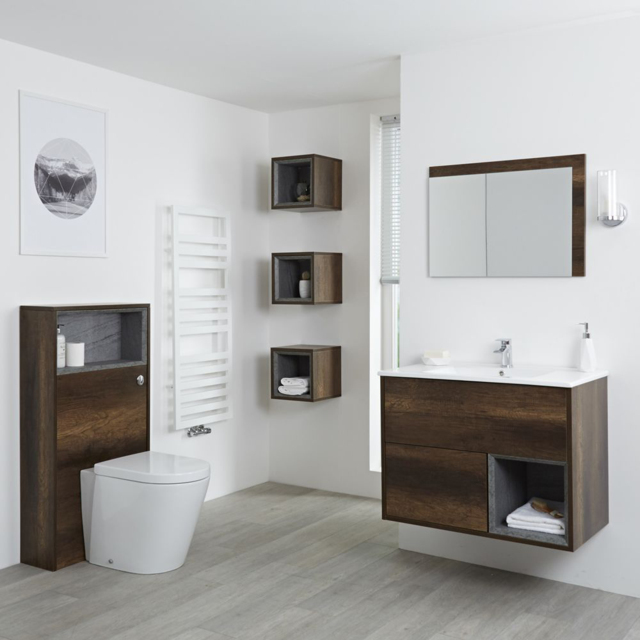 Milano Bexley - 800mm Dark Oak Vanity unit, WC Unit, 300mm Storage Units and Mirror - With LED