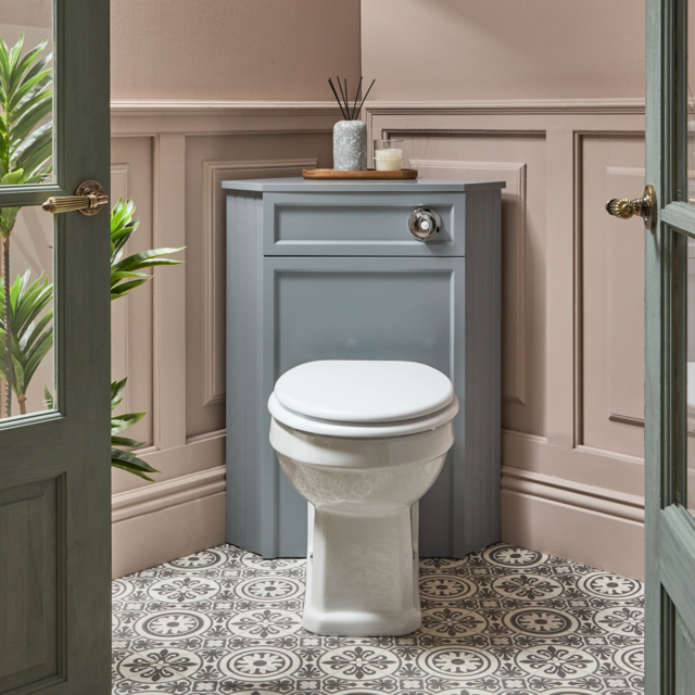 Milano Thornton - Light Grey Traditional Corner WC Unit with Richmond Back to Wall Toilet, Chrome Flush and White Seat