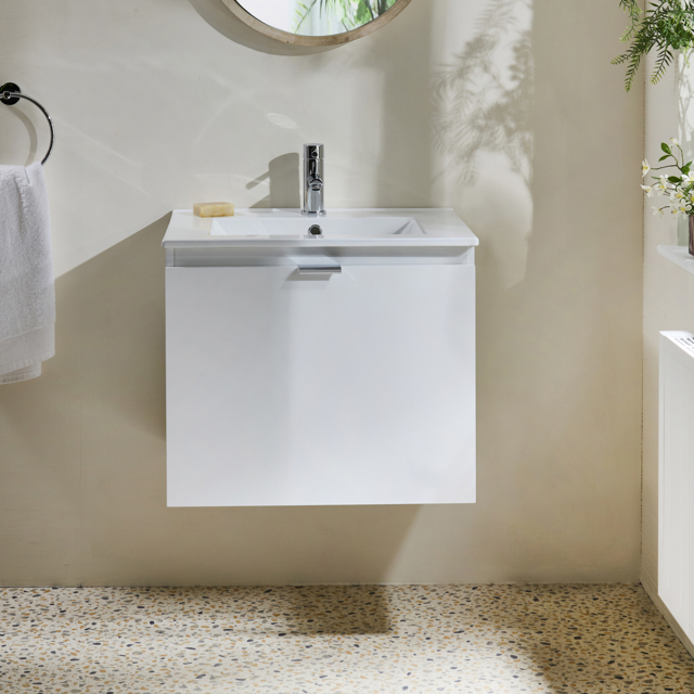 Milano Lurus Gloss White Modern 600mm Wall Hung Vanity Unit with Chrome Finger Pull Handle - image 1