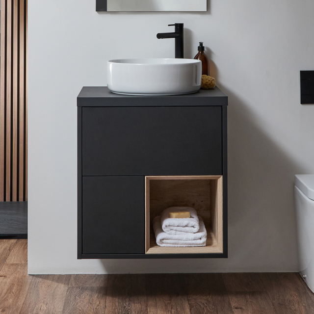 Milano Bexley - Black Grey 600mm Wall Hung Open Shelf Vanity Unit with Round Countertop Basin
