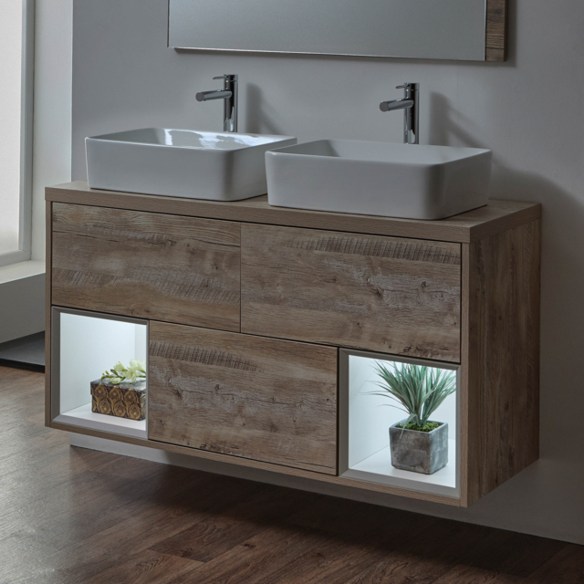 Milano Bexley - Light Oak 1200mm Wall Hung Open Shelf Vanity Unit with Rectangular Countertop Basins and LED Light