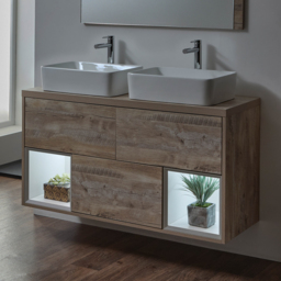 1200mm Light Oak Wall Hung Vanity Unit with Twin Basins & LED Light - thumbnail 1