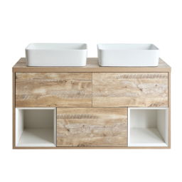 1200mm Light Oak Wall Hung Vanity Unit with Twin Basins & LED Light - thumbnail 5