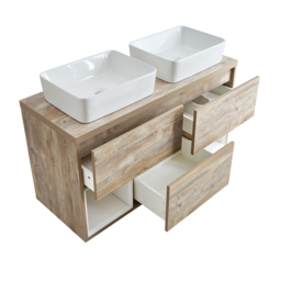 1200mm Light Oak Wall Hung Vanity Unit with Twin Basins & LED Light - thumbnail 6