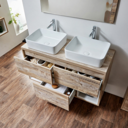 1200mm Light Oak Wall Hung Vanity Unit with Twin Basins & LED Light - thumbnail 2