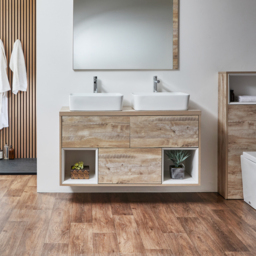 1200mm Light Oak Wall Hung Vanity Unit with Twin Basins & LED Light - thumbnail 4