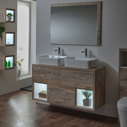 1200mm Light Oak Wall Hung Vanity Unit with Twin Basins & LED Light - thumbnail 3