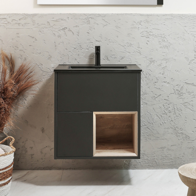 Milano Bexley - 612mm Wall Hung Black Grey Open Shelf Vanity Unit with Graphite Basin and LED Light