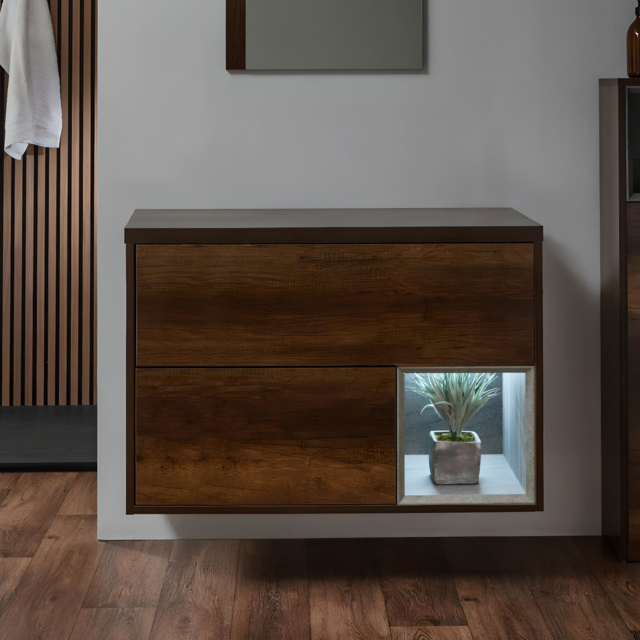 Milano Bexley - Dark Oak 1000mm Wall Hung Open Shelf Vanity Unit with LED Light
