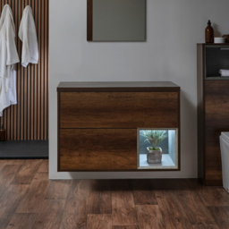 Dark Oak 1000mm Wall Hung Open Shelf Vanity Unit with LED Light Milano Bexley - thumbnail 2