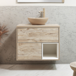 Milano Bexley - 800mm Wall Hung Light Oak Open Shelf Vanity Unit with Oval Sand Countertop Basin and LED Light