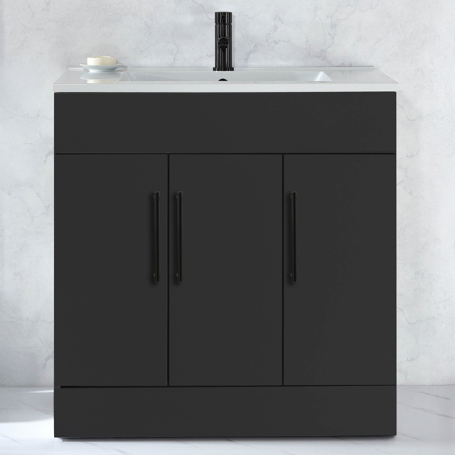 Milano Lurus - Black Grey 810mm Modern Vanity Unit with Basin and Black T-Bar Handles