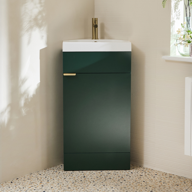 Milano Lurus - Dark Green 450mm Modern Cloakroom Corner Vanity Unit with Basin and Brushed Brass Finger Pull Handles