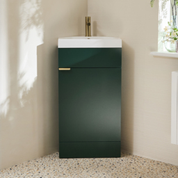 Milano Lurus - Dark Green 450mm Modern Cloakroom Corner Vanity Unit with Basin and Brushed Brass Finger Pull Handles