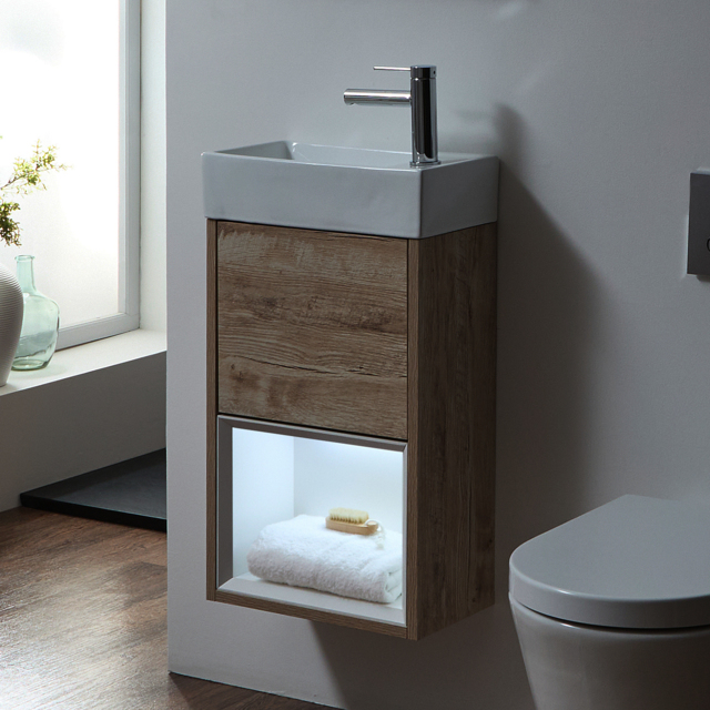 Milano Bexley - Light Oak 400mm Wall Hung Open Shelf Cloakroom Vanity Unit with Basin and LED Light