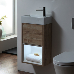 Light Oak 400mm Wall Hung Open Shelf Cloakroom Basin Vanity Unit with LED Light Milano Bexley - thumbnail 1
