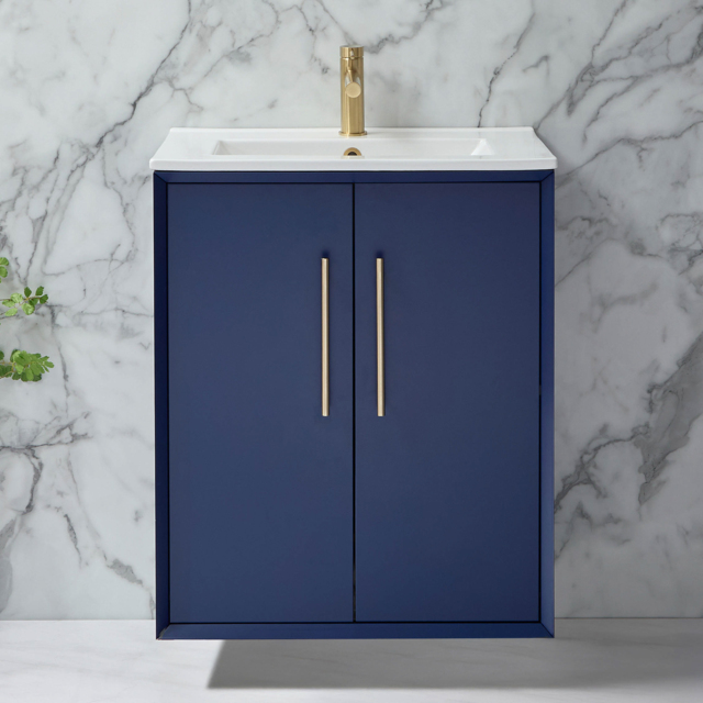 Modern Navy Wall Hung Vanity Unit 600mm – Brushed Brass Pull Handle - image 1