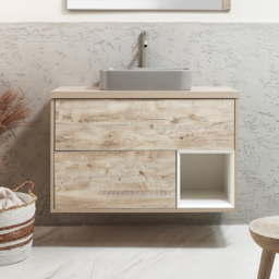 1000mm Light Oak Wall Hung Vanity Unit with Rectangular Pebble Countertop Basin - No LED Milano Bexley