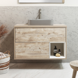 1000mm Light Oak Wall Hung Vanity Unit with Rectangular Pebble Countertop Basin - No LED Milano Bexley - thumbnail 2