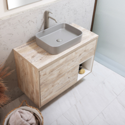 1000mm Light Oak Wall Hung Vanity Unit with Rectangular Pebble Countertop Basin - No LED Milano Bexley - thumbnail 3