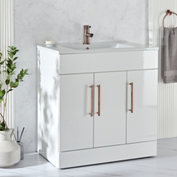 Milano 800mm White Vanity Unit with Inset Basin & Copper Bar Handle - thumbnail 3