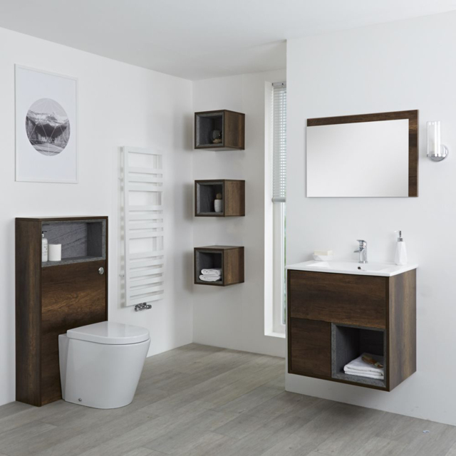 Milano Bexley - 600mm Dark Oak Vanity unit, WC Unit, 300mm Storage Units and Mirror - With LED