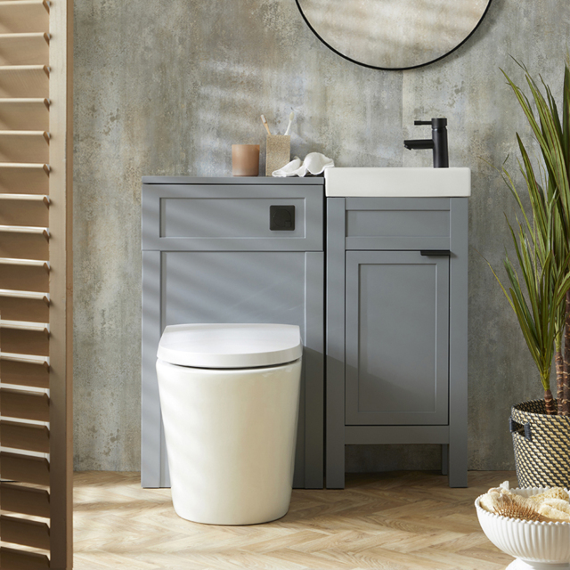 Milano Aston - Light Grey 400mm Traditional Vanity Unit with Basin, and Modern Finger Pull Black Handle and WC Unit with Rivington Back to Wall Toilet