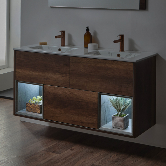 Milano Bexley - Dark Oak 1212mm Wall Hung Open Shelf Vanity Unit with Marble Effect Double Basin and LED Light