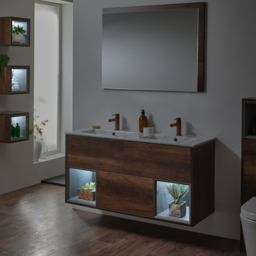 Dark Oak 1212mm Wall Hung Open Shelf Marble Double Basin Vanity Unit with LED Light Milano Bexley - thumbnail 2