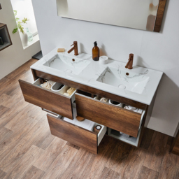 Dark Oak 1212mm Wall Hung Open Shelf Marble Double Basin Vanity Unit with LED Light Milano Bexley - thumbnail 4