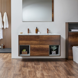 Dark Oak 1212mm Wall Hung Open Shelf Marble Double Basin Vanity Unit with LED Light Milano Bexley - thumbnail 3