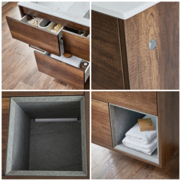 Dark Oak 1212mm Wall Hung Open Shelf Marble Double Basin Vanity Unit with LED Light Milano Bexley - thumbnail 6