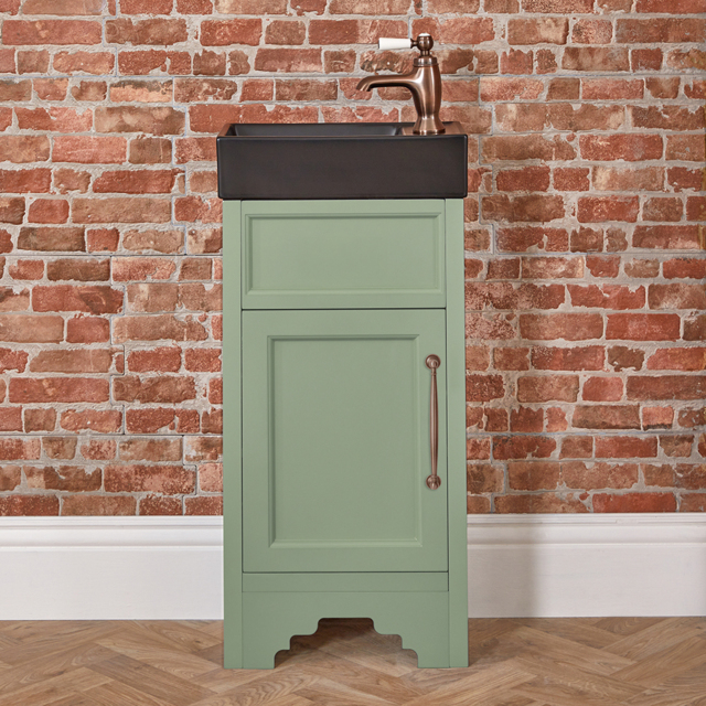 Milano Thornton - Pastel Green 400mm Traditional Cloakroom Vanity Unit with Black Basin and Classic T-Bar Aged Bronze Handle
