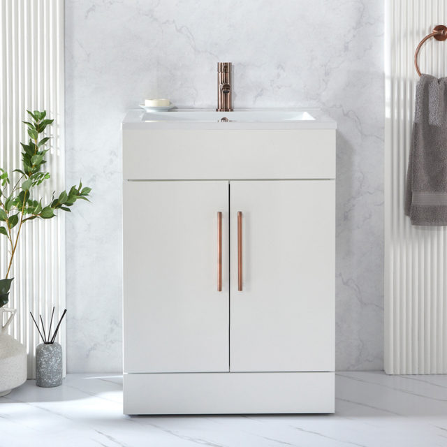 Milano Lurus - White 610mm Modern Vanity Unit with Basin and Aged Bronze T-Bar Handles