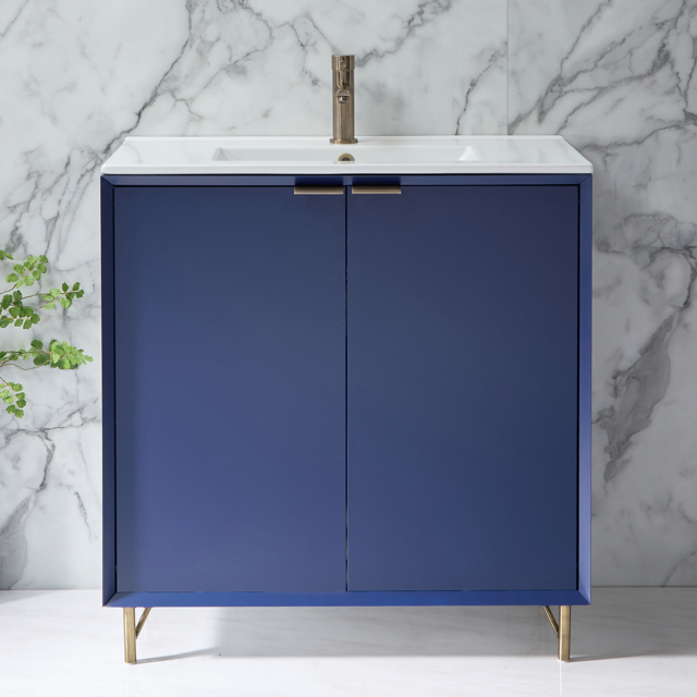 Milano Edge - Navy Blue 810mm Modern Vanity Unit with Basin and Aged Gold Finger Pull Handles