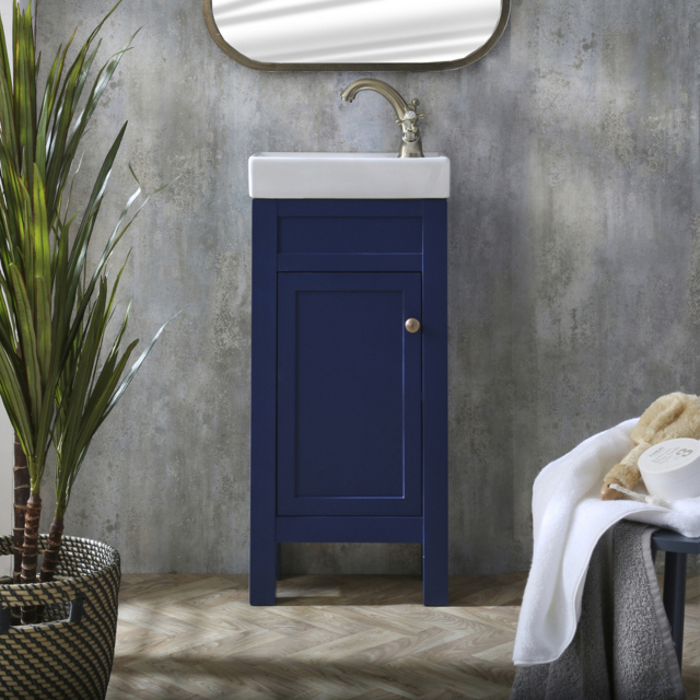 Milano Aston - Navy 400mm Traditional Cloakroom Vanity Unit with Basin and Aged Gold Classic Round Handle