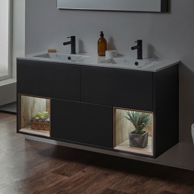 Milano Bexley - Black Grey 1212mm Wall Hung Open Shelf Vanity Unit with Marble Effect Double Basin and LED Light