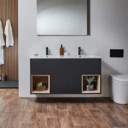 Black Grey 1212mm Wall Hung Open Shelf Marble Double Basin Vanity Unit with LED Light Milano Bexley - thumbnail 3