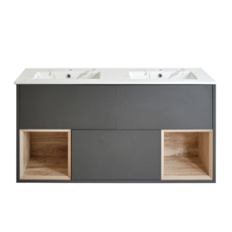 Black Grey 1212mm Wall Hung Open Shelf Marble Double Basin Vanity Unit with LED Light Milano Bexley - thumbnail 5